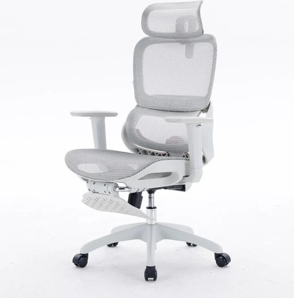 Scaun ergonomic SIHOO B100, Suport lombar dinamic cu ajustare automata, Cotiere 4D, Tetiera 3D, Mecanism multifunctional inclinare/blocare in 3 pozitii, Suport picioare, Mesh, Gri