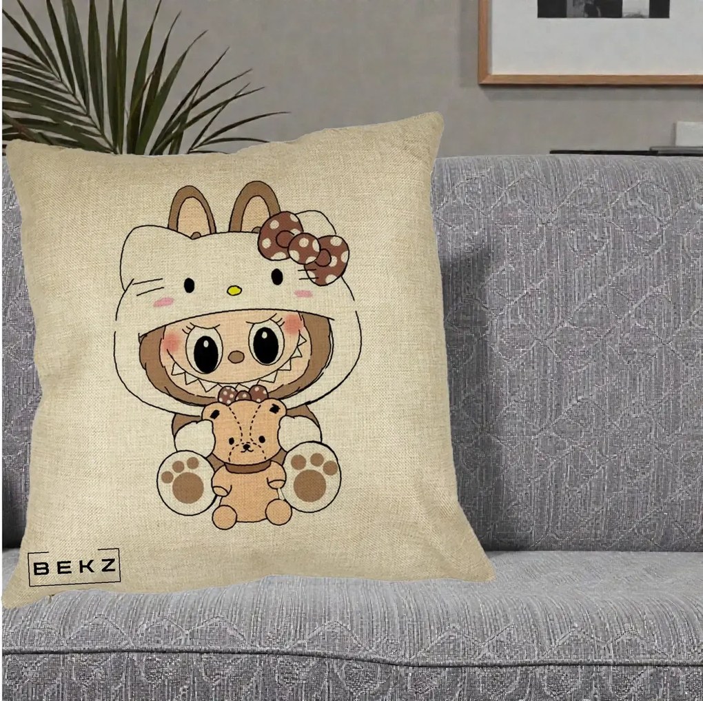 Perna personalizata Labubu x Hello Kitty Maro-Vintage, 40x40 cm cu Umplutura, Crem, BEKZ