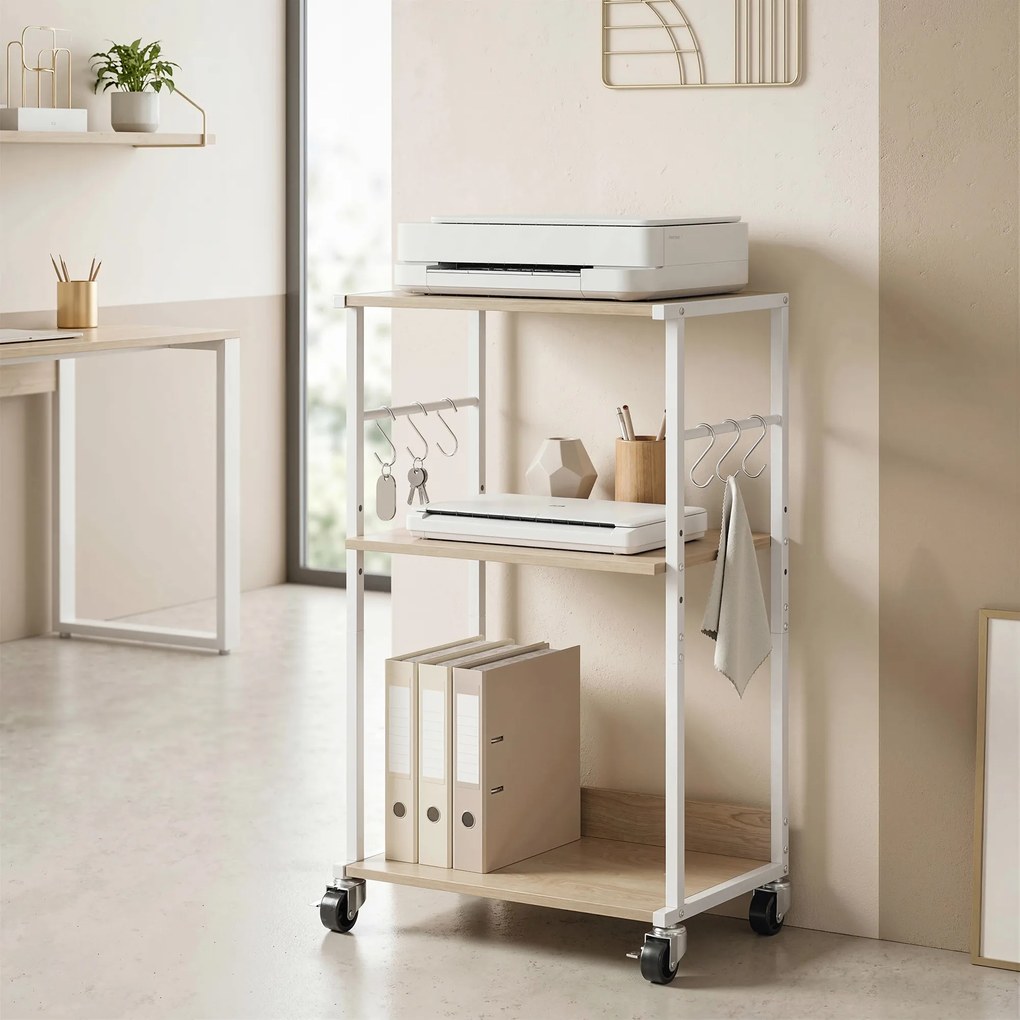 HOMCOM Suport pentru Imprimantă pe 3 Niveluri cu Roți și Cârlige, Masă Modernă, Lemn Natural. | Aosom Romania