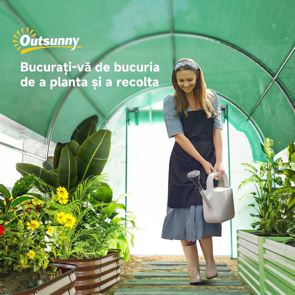 Outsunny Seră de Grădină Tunel 3x2x2 m cu Plasă de Umbrire, Seră pentru Legume și Flori cu 6 Ferestre, 2 Uși și Pereți Laterali Rulanți, Cadru din Oțel și Acoperire PE, Verde | Aosom Romania