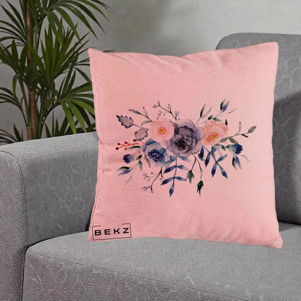 Perna Decorativa Buchet Flori Albastre Acuarela, 40x40 cm, Roz, Husa Detasabila, Perna Inclusa, BEKZ®