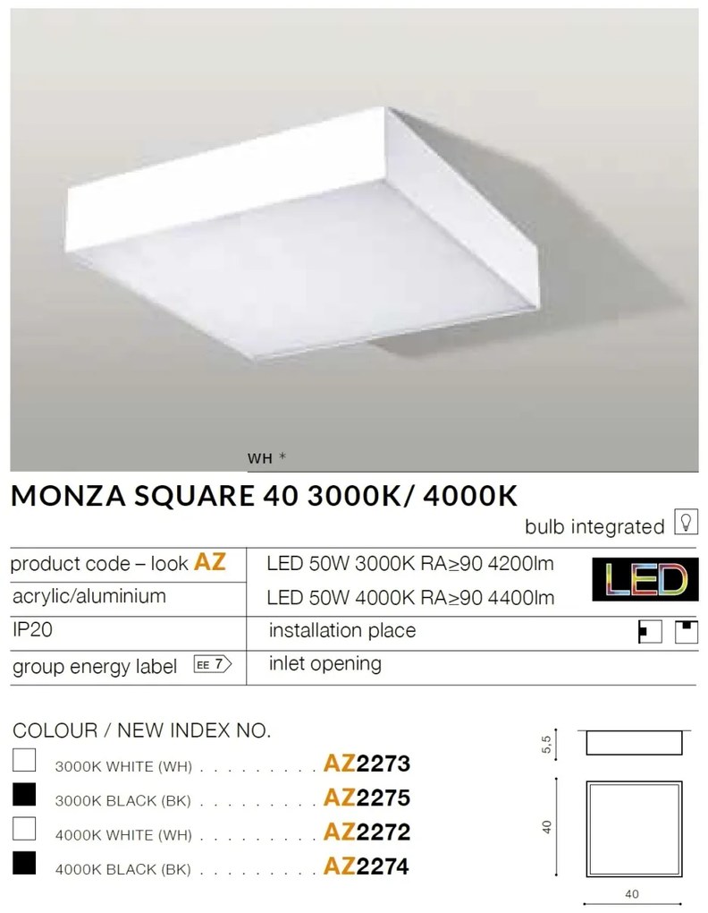 Plafoniera LED design slim MONZA S 40 4000K alba