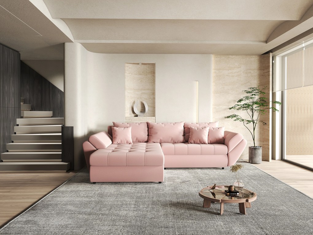 Colțar extensibil dumonde cu ladă de depozitare si sezut confortabil din spuma high-density, Loana Royal Pink 270x185 cm