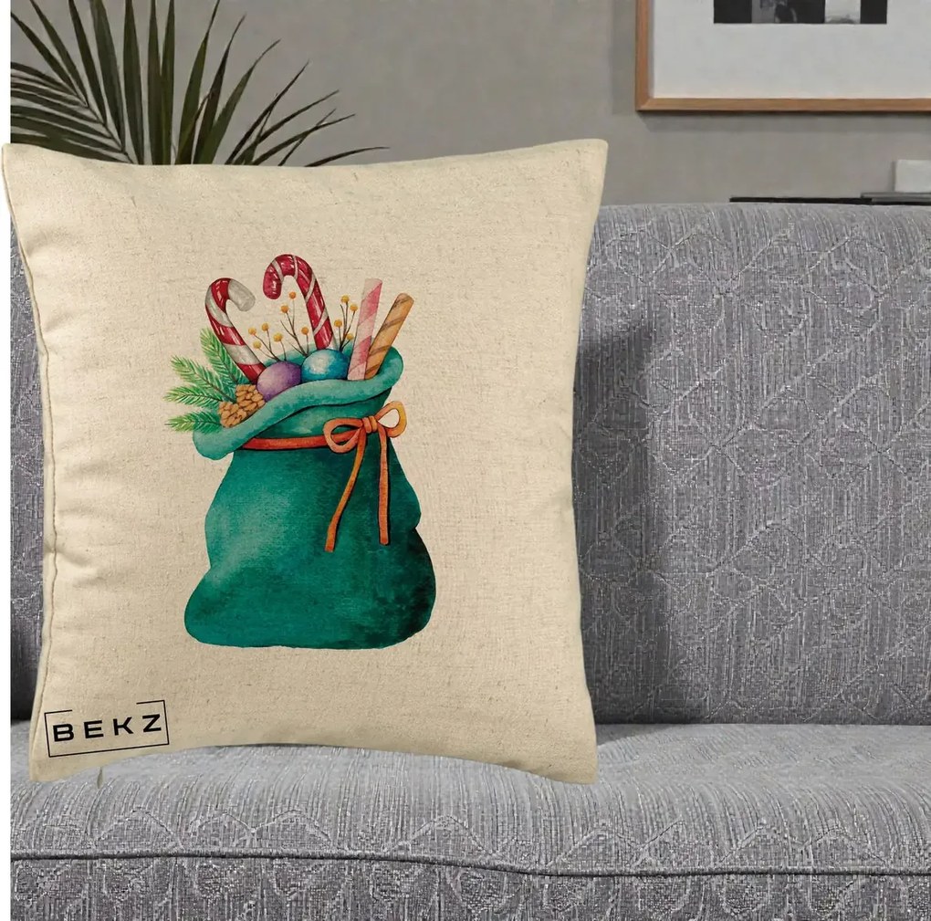 Perna Decorativa Saculet Cadouri Mos Craciun Acuarela Verde, 40x40 cm, Bej, Husa Detasabila, Perna Inclusa, BEKZ®