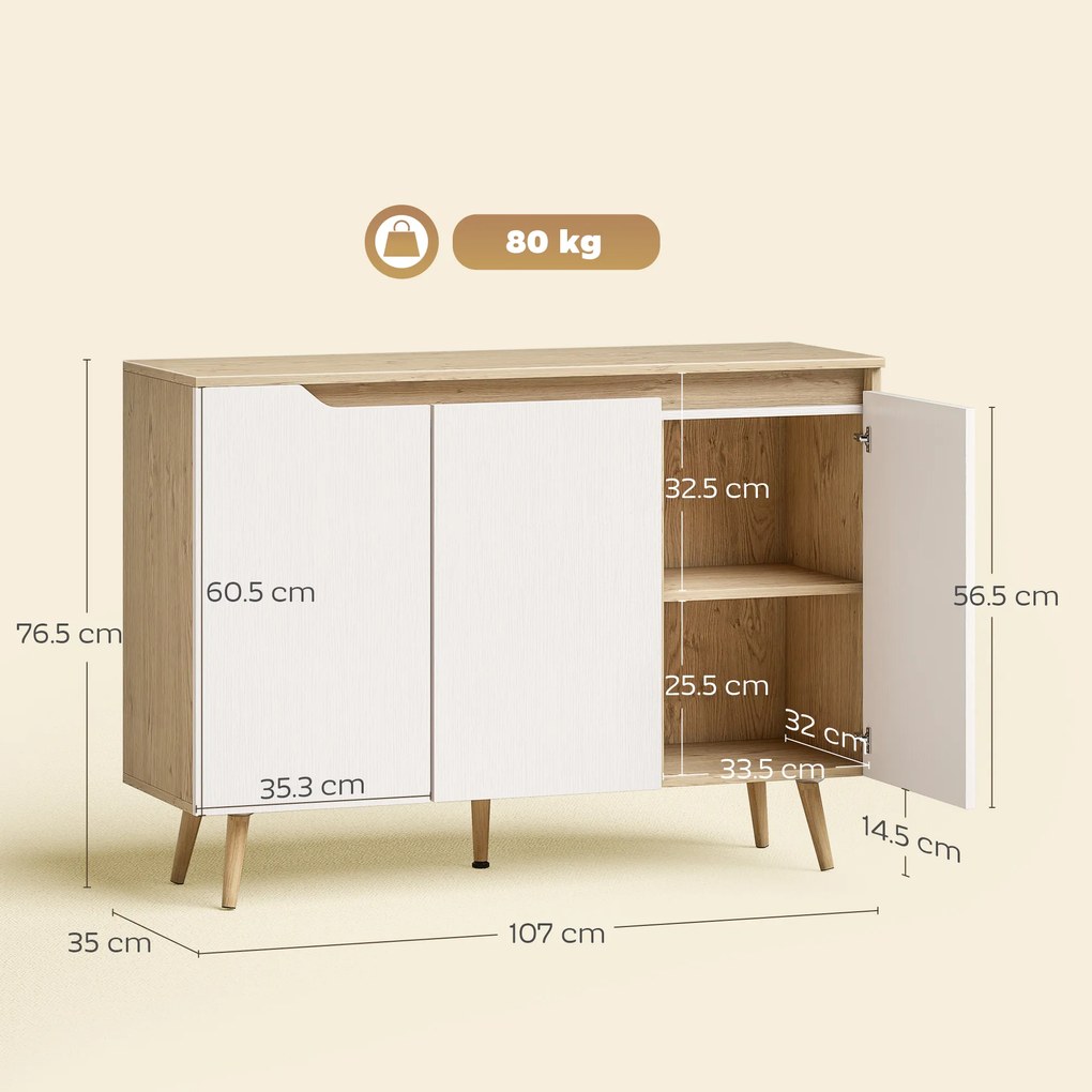 HOMCOM Bufet Bucătărie, Mobilier Bucătărie cu 3 Uși, Rafturi Ajustabile și 5 Picioare din Lemn de Cauciuc, Stil Modern, Bufet pentru Living, Sufragerie, Sală de Masă, Alb și Stejar | Aosom Romania