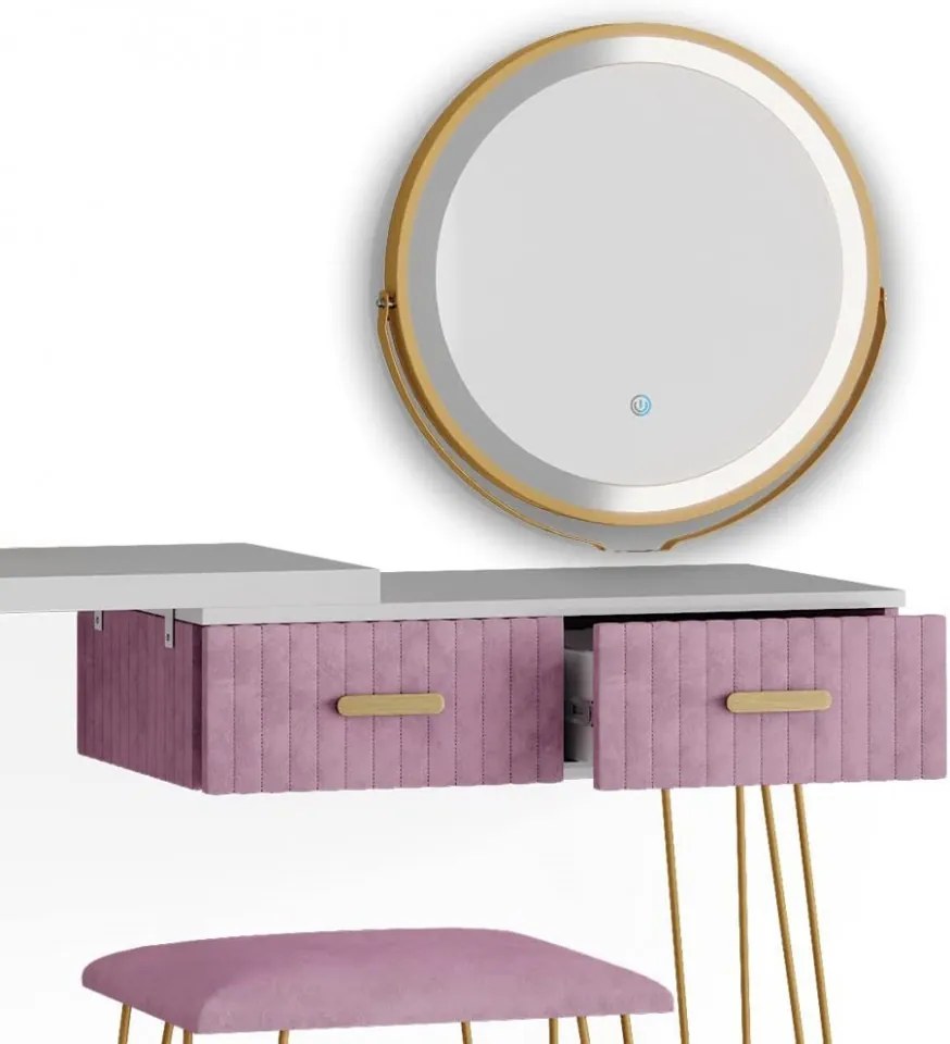 SEA394 - Set Masa toaleta, 120 cm, cosmetica machiaj, oglinda cu LED, masuta vanity, scaun tapitat - Alb-Auriu-Roz