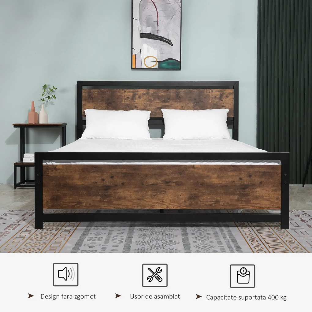 HOMCOM Cadru Pat Matrimonial din Lemn si Otel 160x200cm, Sipci Integrate si Tetiera in Stil Industrial, Negru Maro Rustic