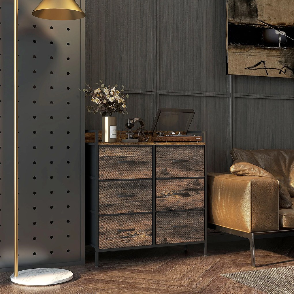 HOMCOM Comodă, corp de depozitare pentru dormitor 6 sertare țesătură nețesută cadru din oțel, 79 x 29 x 85 cm, efect lemn mahon | Aosom Romania