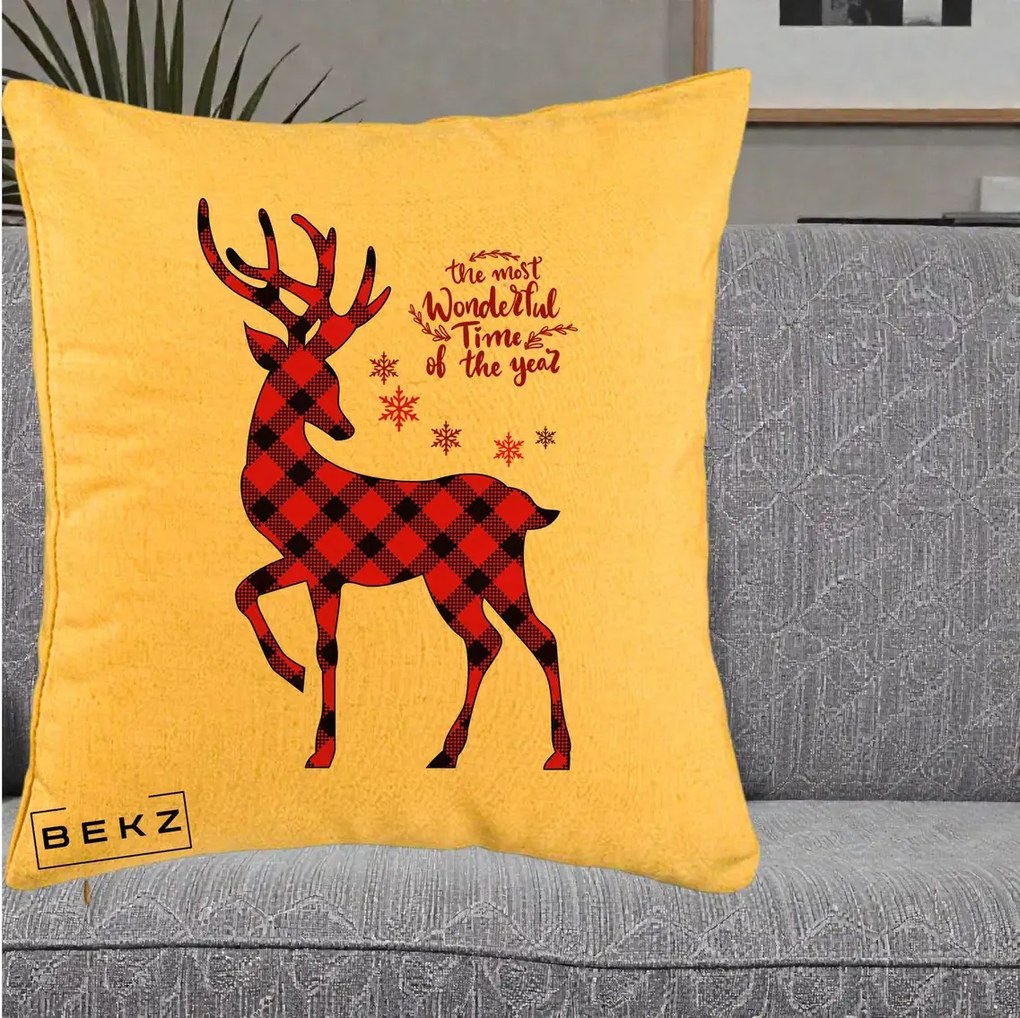 Perna Decorativa Ren Buffalo Plaid Craciun, 40x40 cm, Galben, Husa Detasabila, Perna Inclusa, BEKZ®