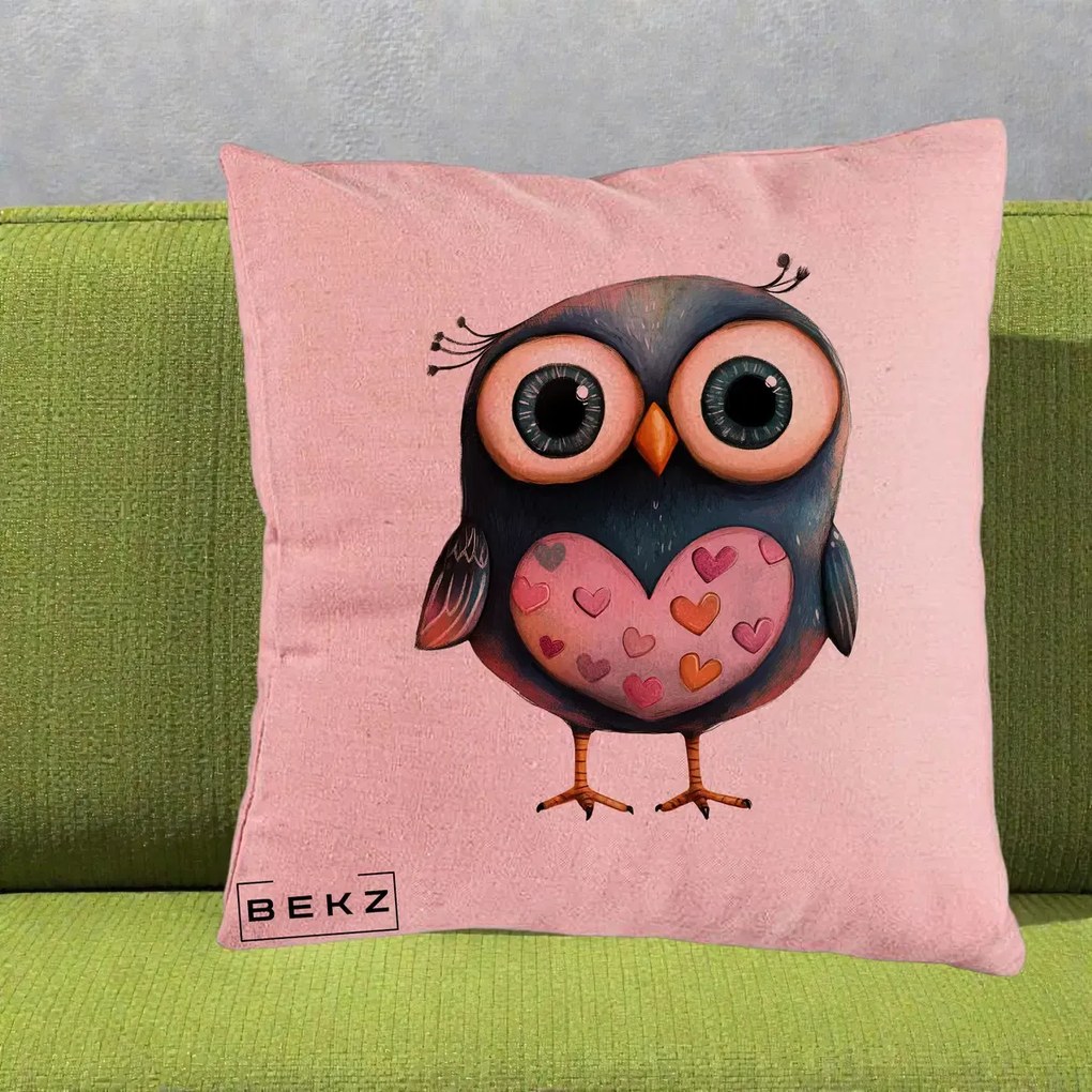 Perna Decorativa Bufnita cu Inimioare Roz, 40x40 cm, Roz, Husa Detasabila, Perna Inclusa, BEKZ®