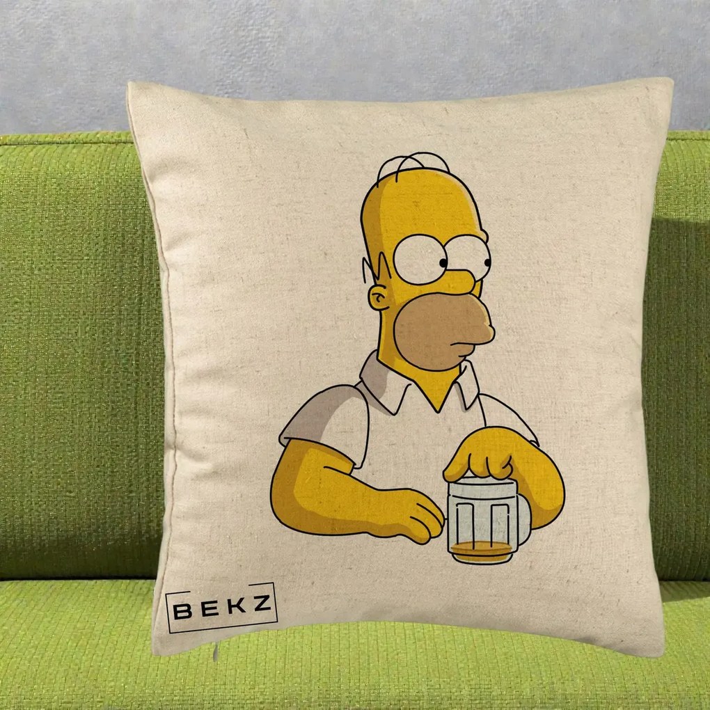 Perna Personalizata Homer Simpson cu Bere, 40x40 cm, Bej, Husa Detasabila, Perna Inclusa, BEKZ®