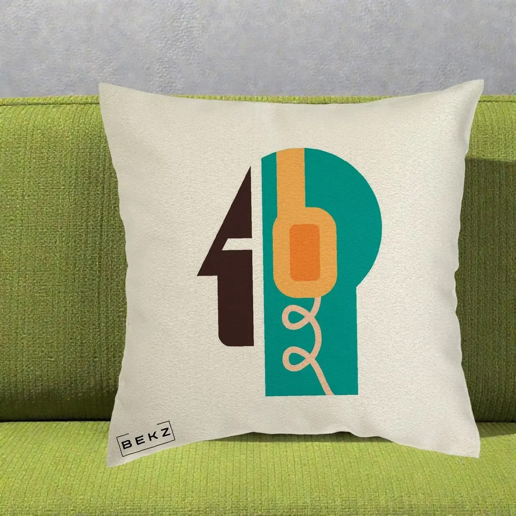 Perna Personalizata Retro Casti Muzicale, 40x40 cm, Ecru, Husa Detasabila, Perna Inclusa, BEKZ®