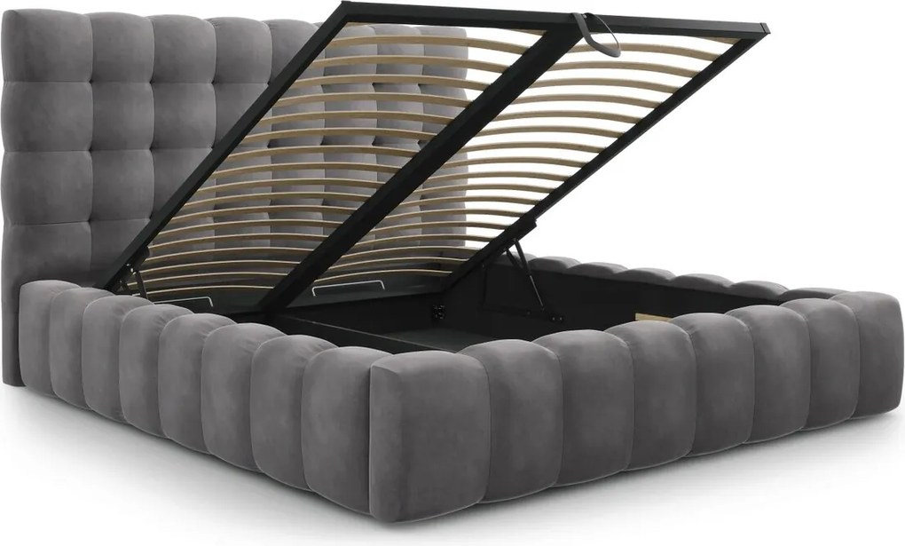 Pat tapitat cu tablie si lada depozitare, Mamaia, Micadoni Home, BL, 180x200 cm, catifea, gri