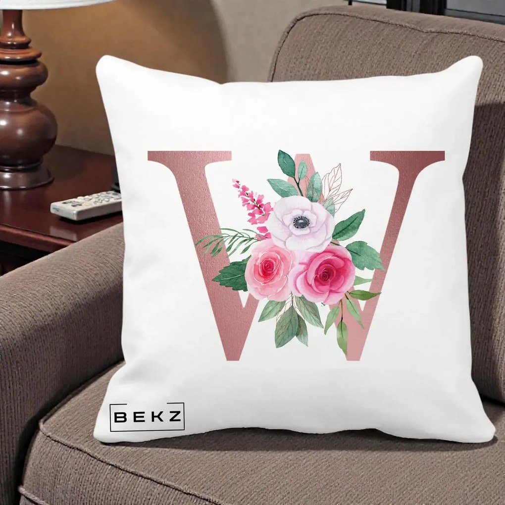 Cadou Personalizat - Perna Personalizata Monograma Rose Gold Litera W cu Trandafiri si Anemona, 40x40 cm, Alba Mata, Husa Detasabila, Perna Inclusa, BEKZ®