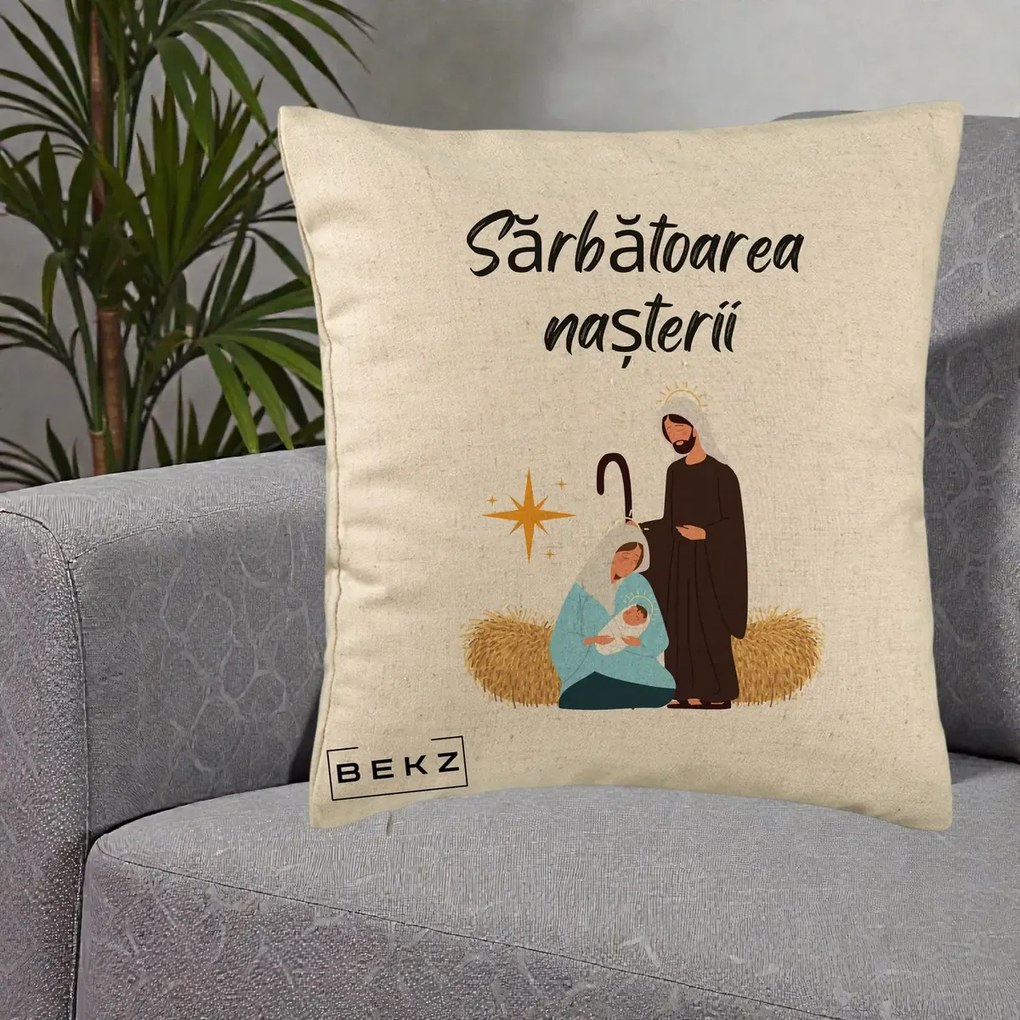 Perna Decorativa Nasterea Domnului Sfanta Familie Sarbatoarea Nasterii, 40x40 cm, Bej, Husa Detasabila, Perna Inclusa, BEKZ®