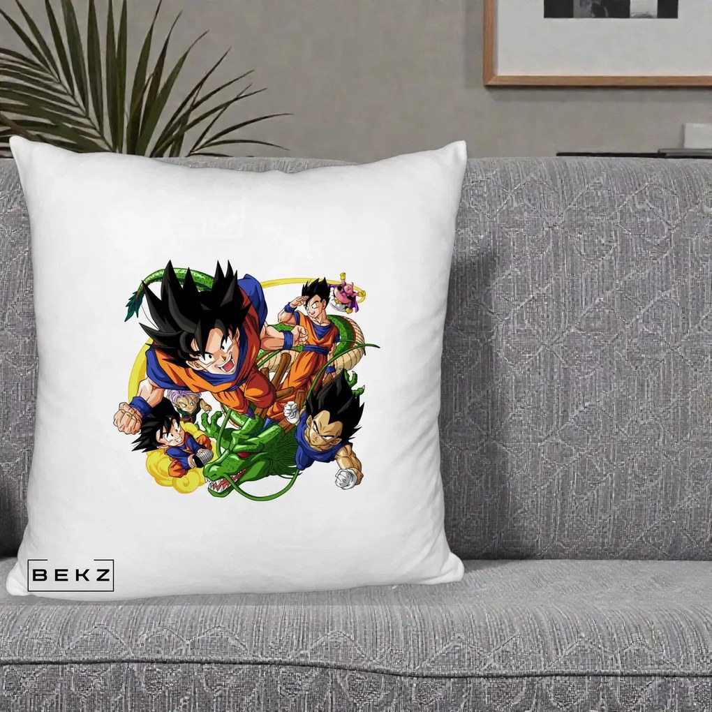 Perna Personalizata Dragon Ball Goku si Shenron Actiune, 40x40 cm, Alb Pufos, Husa Detasabila, Perna Inclusa, BEKZ®