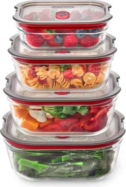 Set de 4 cutii pentru alimente Black+Blum Stack+Nest FBGR-BX-PACK4, 0,38/0,6/0,9/1,2 l, Dreptunghiulare, Potrivite pentru microunde, Fara BPA, Otel inoxidabil, Gri/Rosu