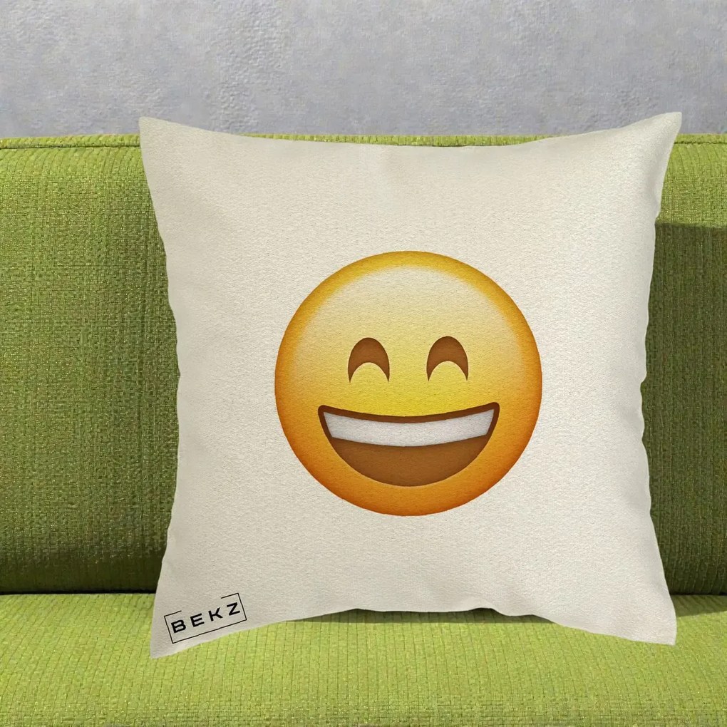 Perna Decorativa Emoji Zambet Mare, 40x40 cm, Ecru, Husa Detasabila, Perna Inclusa, BEKZ®