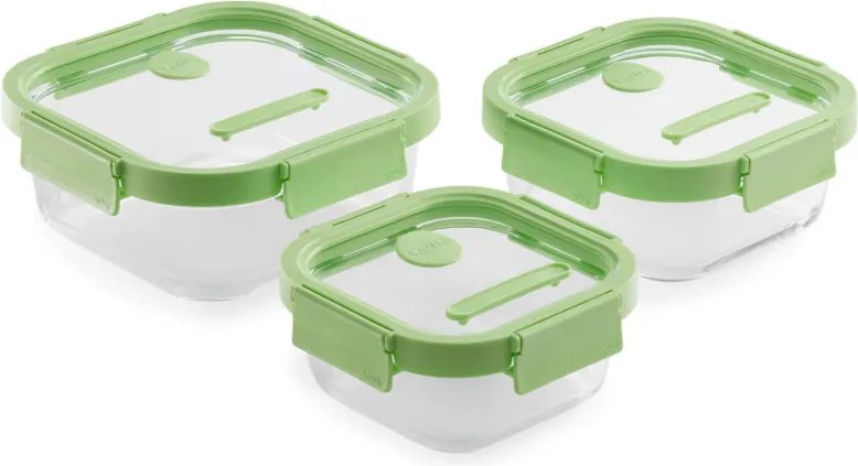 Set 3 caserole sticla depozitare alimente Lekue 1009493, 0,5/0,8/1,1 l, Capac, Supapa pentru cuptor cu microunde, -20/+100°C, Verde