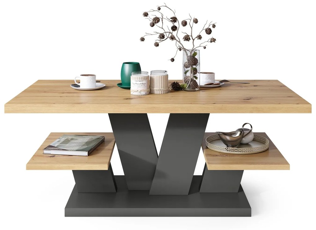 Mazzoni VIVA MAT Stejar Artisan/Antracit - MASUȚĂ DE CAFEA MODERNĂ cu RAFTURI