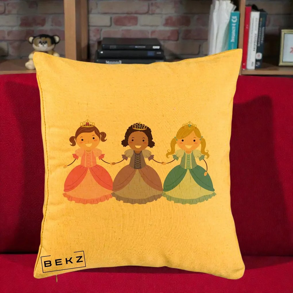 Perna Personalizata Printese Diverse Ilustratie, 40x40 cm, Galben, Husa Detasabila, Perna Inclusa, BEKZ®