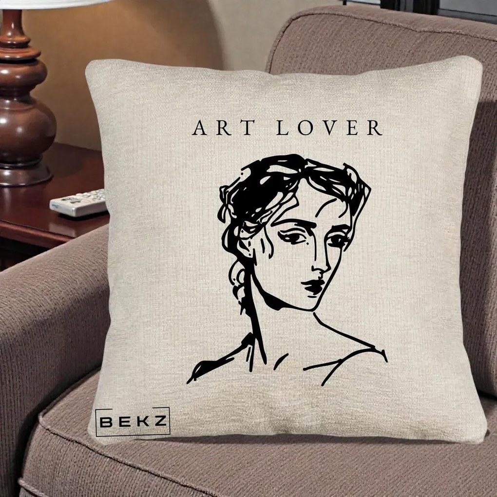 Perna Decorativa Art Lover Portret Grafic, 40x40 cm, Bej Canapea, Husa Detasabila, Perna Inclusa, BEKZ®
