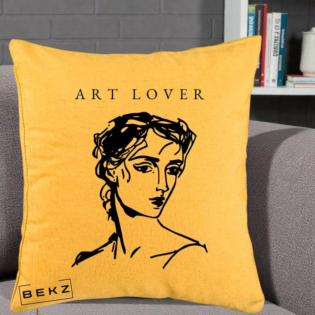 Perna Decorativa Art Lover Portret Grafic, 40x40 cm, Galben, Husa Detasabila, Perna Inclusa, BEKZ®