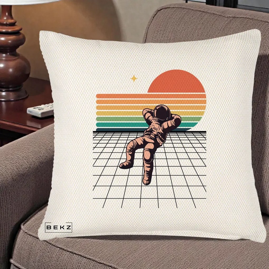 Perna Decorativa Astronaut Retro Space, 40x40 cm, Crem Reliefat, Husa Detasabila, Perna Inclusa, BEKZ®