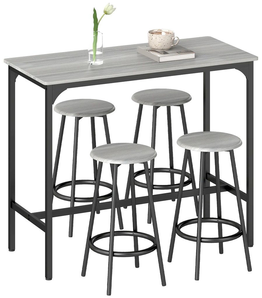 HOMCOM Set Masă de Bar și 4 Scaune cu Suport pentru Picioare, 110x50x89.5 cm, Gri | Aosom Romania