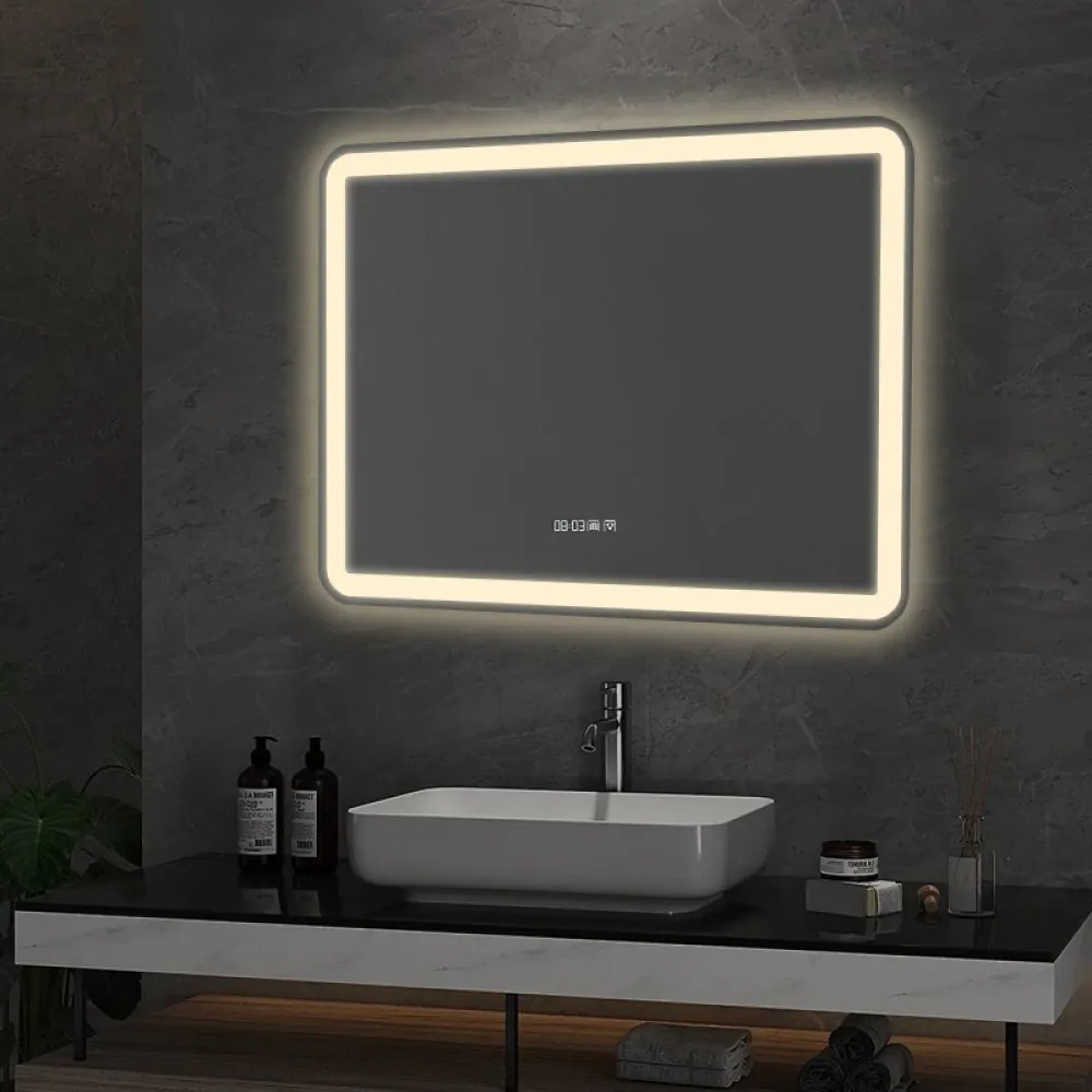 Oglindă baie, Multifuncțională, Iluminare LED Touch, Sistem Dezaburire, Ceas electronic încorporat, Indicator Temperatura, 70x50 cm