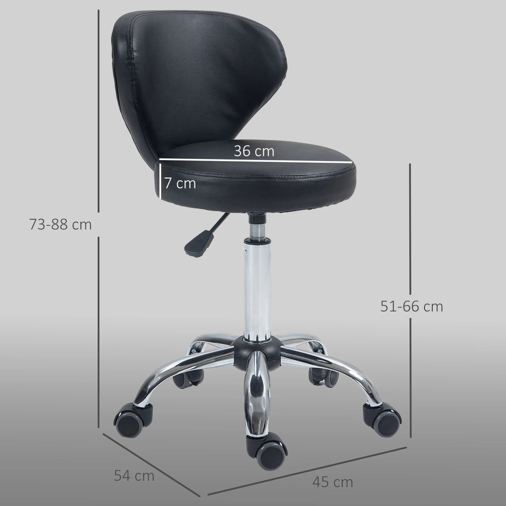 HOMCOM Taburet Rotativ 360° Reglabil, Taburet Cosmetic cu Spătar, din Oțel și Piele Ecologică, Negru | Aosom Romania