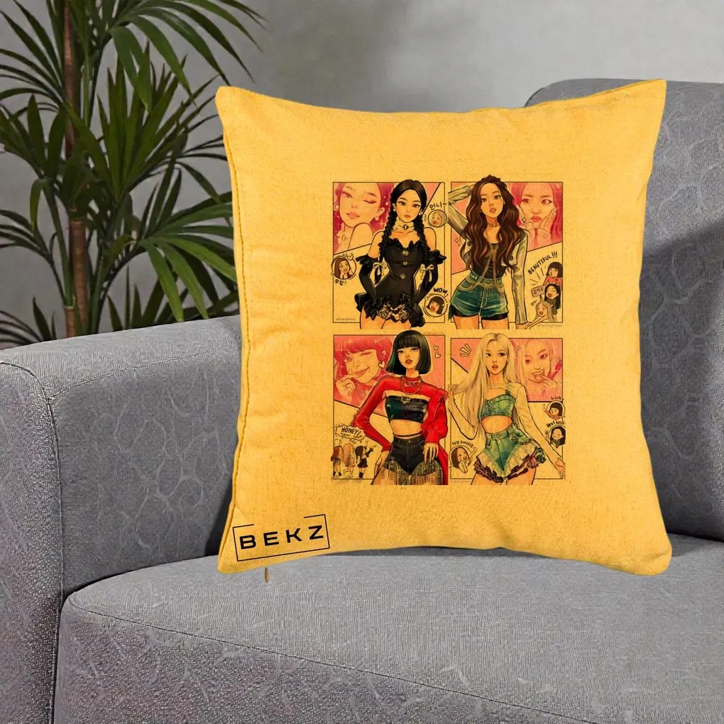Perna Personalizata K-pop BLACKPINK Fanart Manga Benzi Desenate 4 Membre, 40x40 cm, Galben, Husa Detasabila, Perna Inclusa, BEKZ®