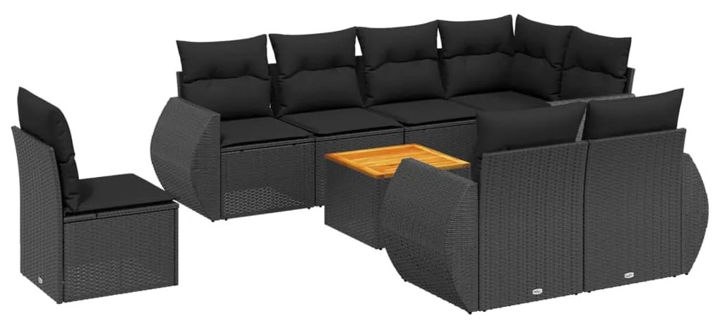 3225096 vidaXL Set mobilier de grădină cu perne, 9 piese, negru, poliratan