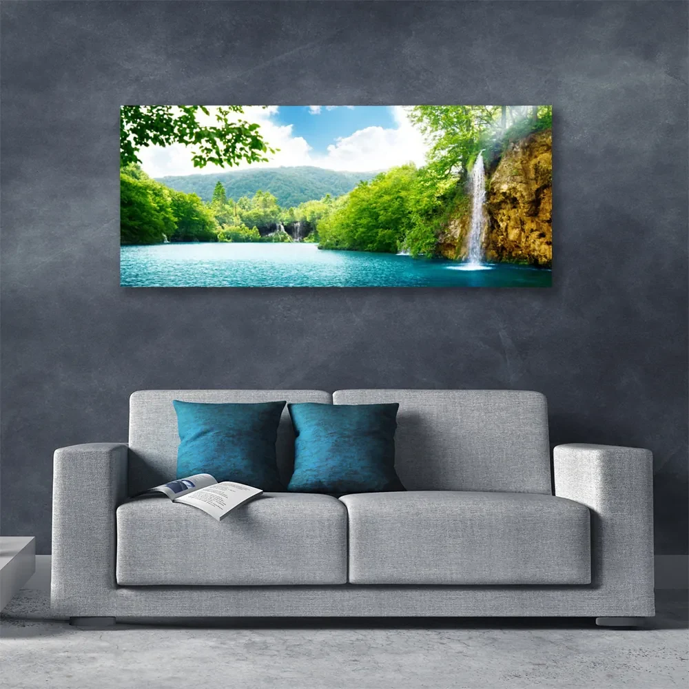 Tablou pe panza canvas Cascada Lacul Copaci Natura Alb Albastru