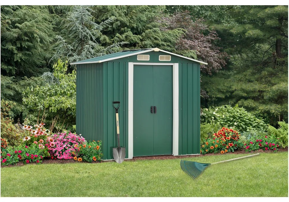 Căsuţă pentru grădină din tablă pentru scule, verde / alb, 2x1,3x1,8 m, HAMAL TIP 1
