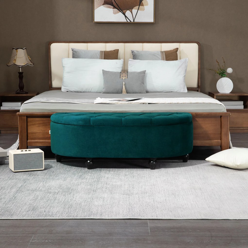 HOMCOM Pouf de Depozitare cu Capac 2 în 1 - Pouf Tapitat în Formă de Semicerc - Picioare Lemn hevea Negru acoperire Catifea verde | Aosom Romania