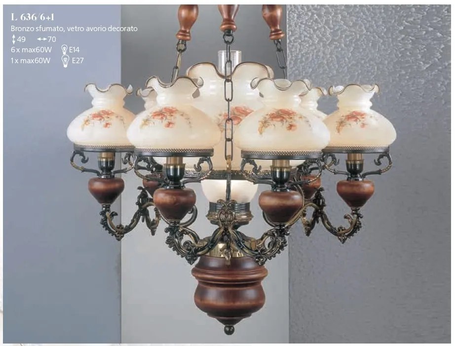 Candelabru cu 6 brate design italian din alama cu lemn 636