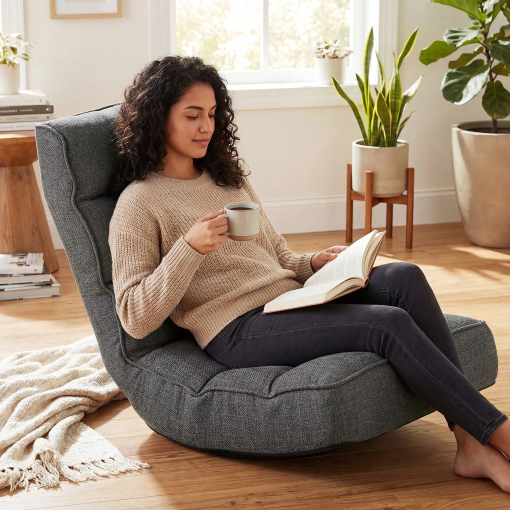 HOMCOM Scaun de Podea Pliabil Fotoliu de Lectură Rotativ 360° cu Spătar Reglabil în 5 Poziții 58x107x79 cm Gri | Aosom Romania