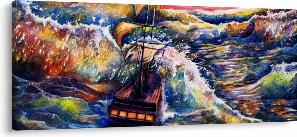 Tablou - Navă pe valurile oceanului, aquarelă (120x50 cm)