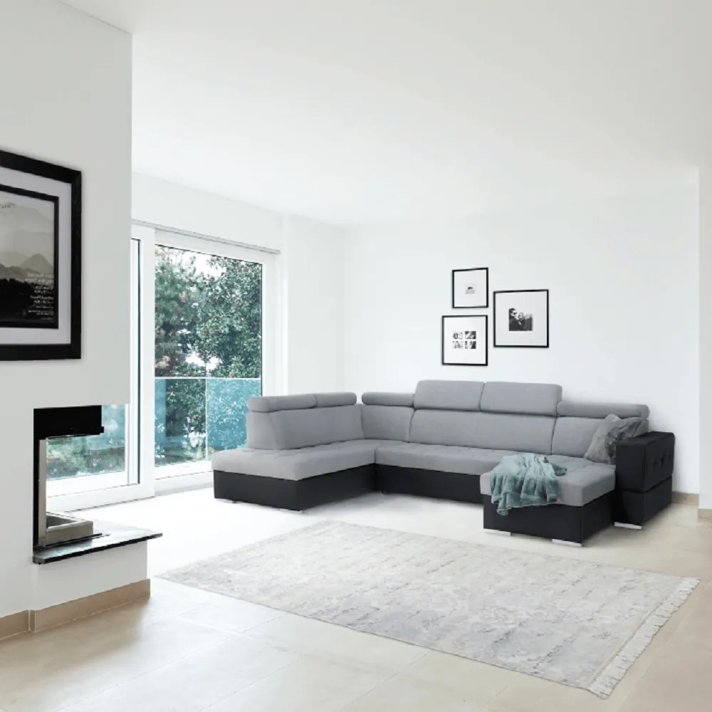Colţar extensibil, piele ecologică negru/material textil gri deschis, dreapta, VASTO