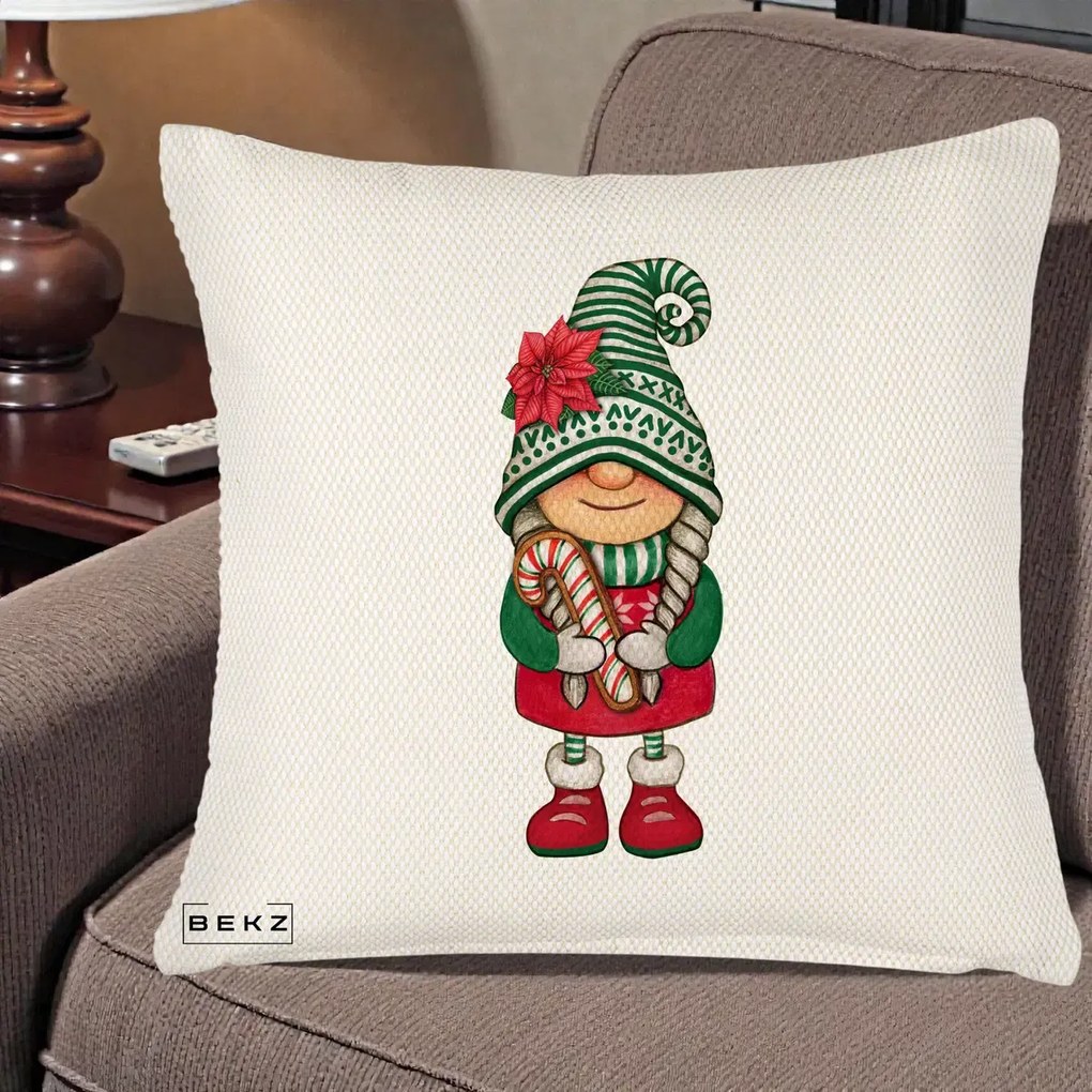 Perna Decorativa Gnom Craciun Verde cu Bomboane si Floare, 40x40 cm, Crem Reliefat, Husa Detasabila, Perna Inclusa, BEKZ®