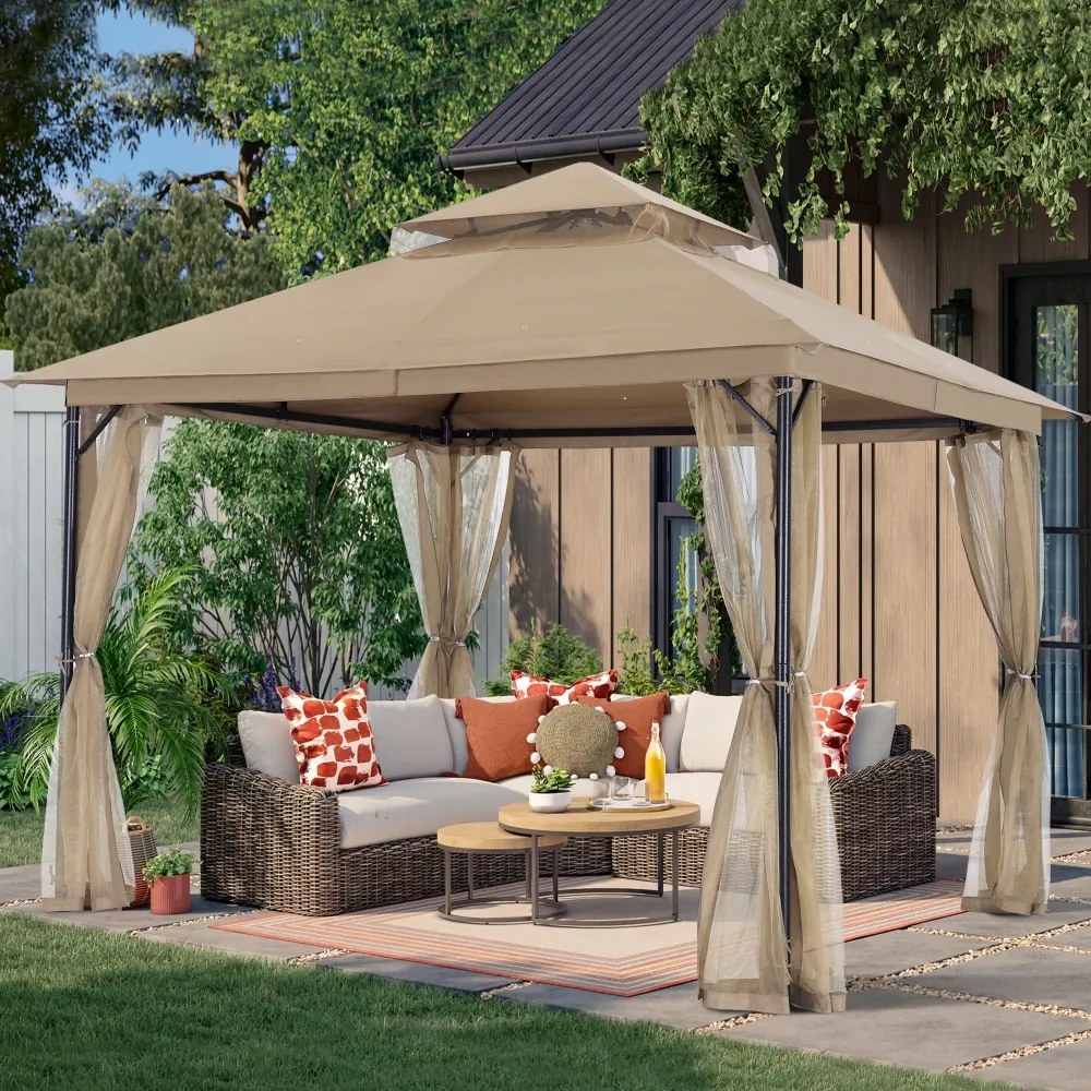 ABCCANOPY Foișor de gradina 3.3x3.9 m - Foișor exterior cu cadru din oțel și plasă de țânțari pentru gazon, curte, grădină, terasă, Kaki