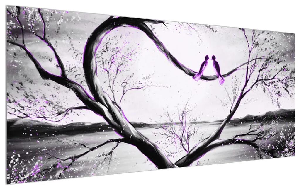 Tablou cu două păsări violete în copac (120x50 cm), în 40 de alte dimensiuni noi
