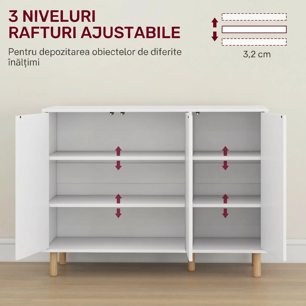 HOMCOM Bufet Modern cu 2 Dulapuri și 3 Rafturi, Mobilier Multifuncțional din Lemn, 107x40x80 cm, Alb | Aosom Romania