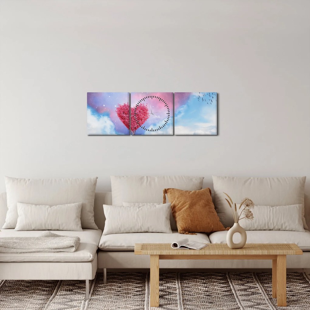 Tablou - Copac de inimă roz (cu ceas) (90x30 cm)