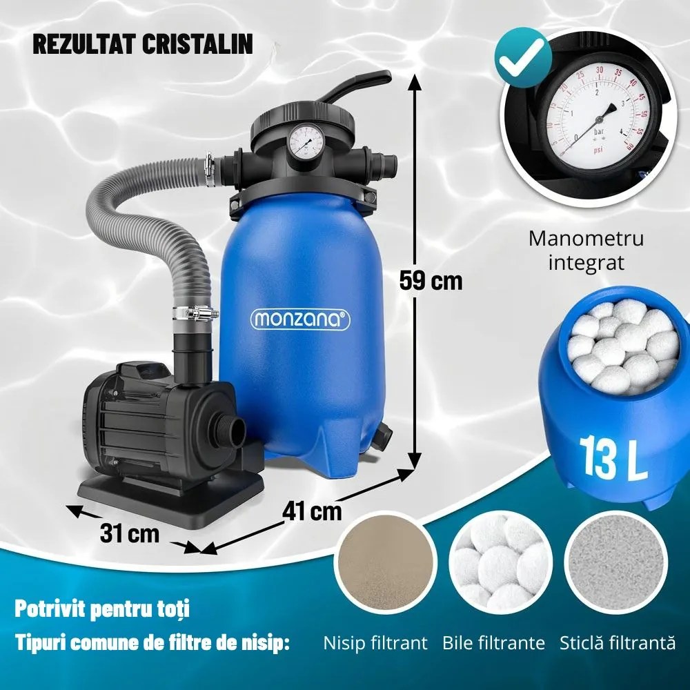 Filtrare cu nisip pentru piscina AQUA cu bile filtrante, 5 000 l/h, albastru Monzana