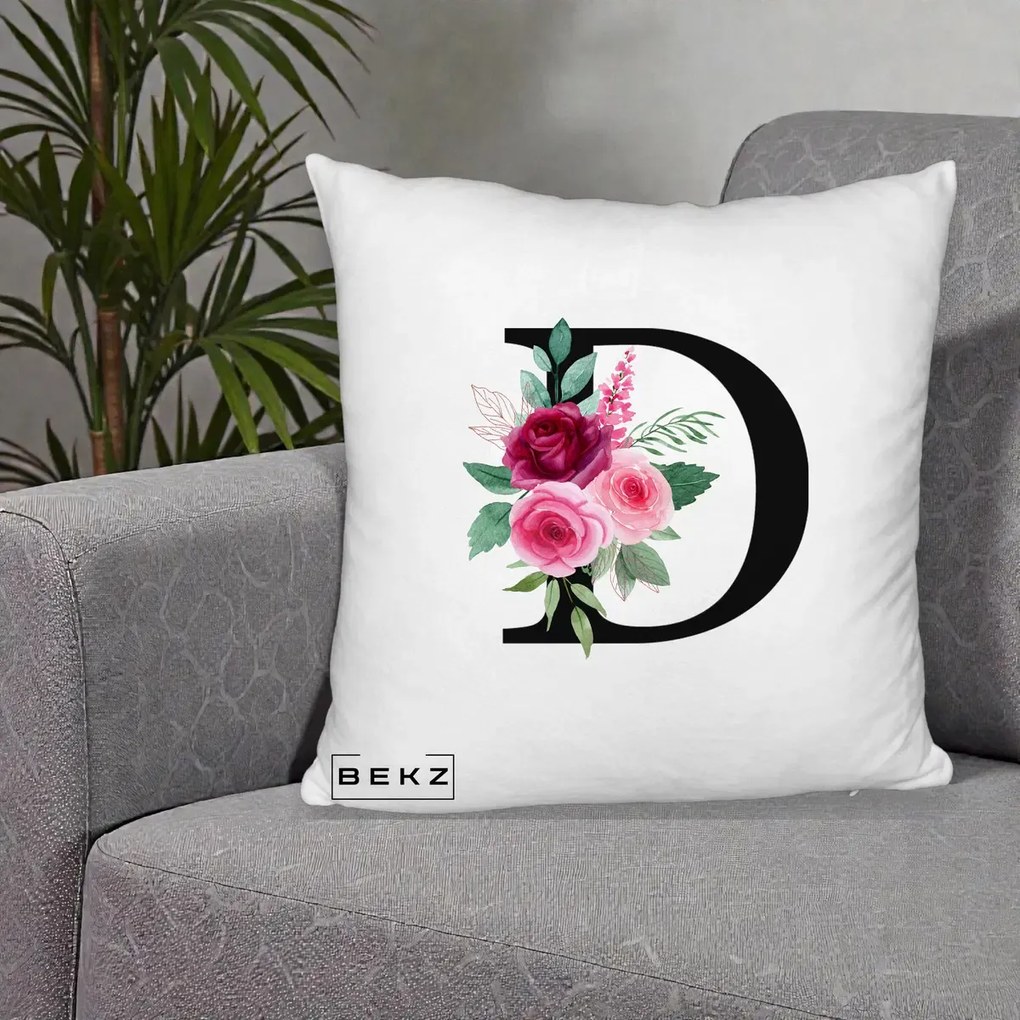 Cadou Personalizat - Perna Personalizata Monograma Florala Litera D, 40x40 cm, Alb Pufos, Husa Detasabila, Perna Inclusa, BEKZ®