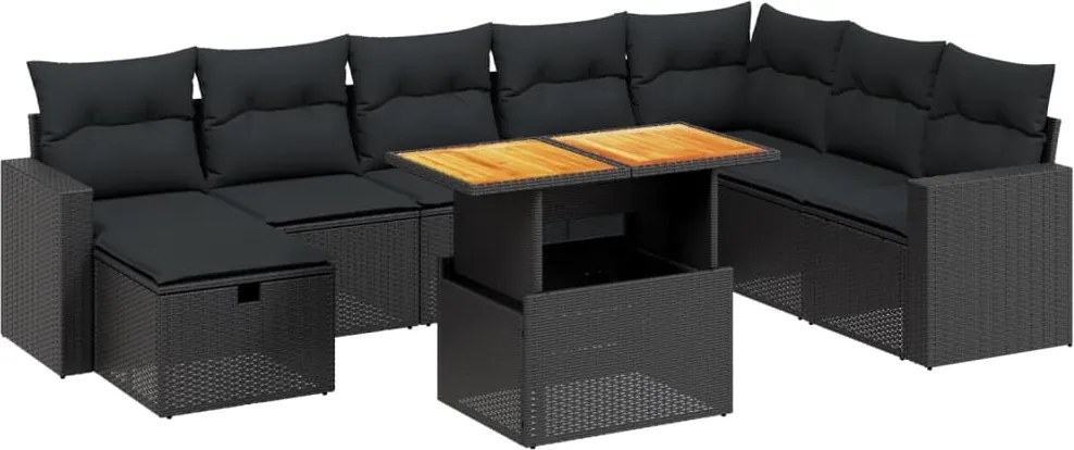 vidaXL Set mobilier de grădină cu perne, 9 piese, negru, poliratan
