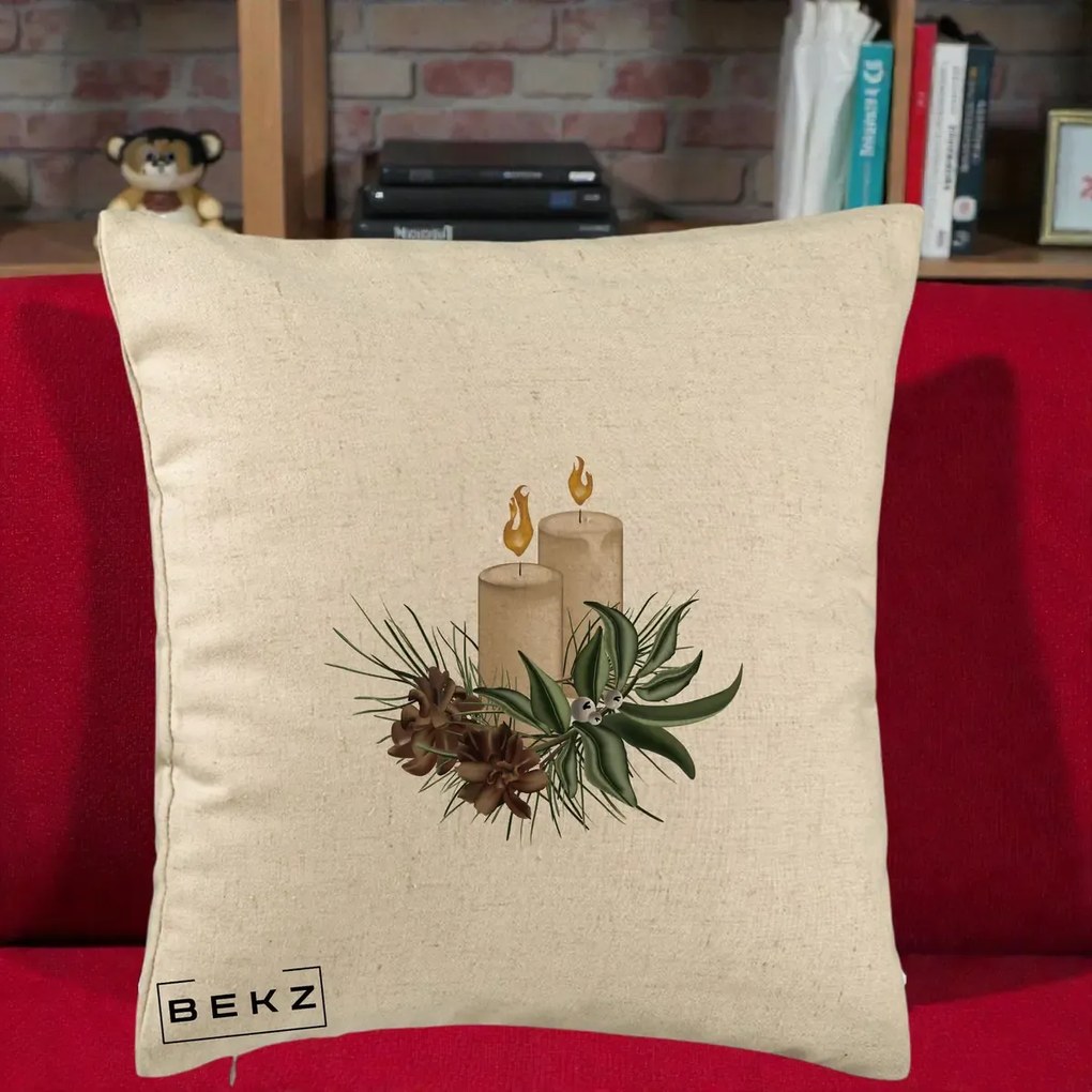 Perna Decorativa Lumanari cu Ilex si Conuri Ilustratie, 40x40 cm, Bej, Husa Detasabila, Perna Inclusa, BEKZ®
