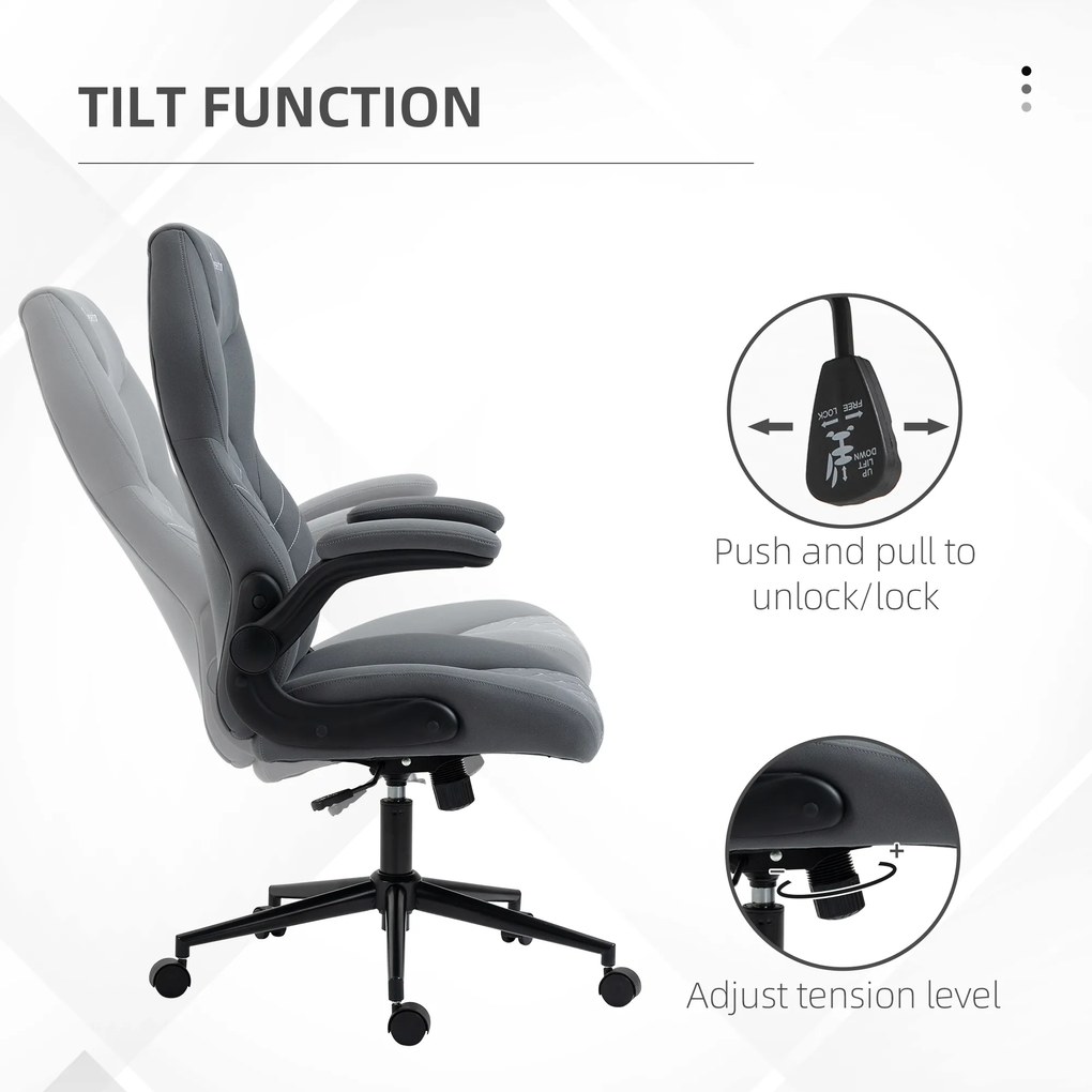 Vinsetto Scaun de Birou Ergonomic cu Înălțime Reglabilă, Cotiere Rabatabile și Funcție de Înclinare, Scaun cu 5 Roți, Dimensiuni 65,5x69,5x112-122 cm, Gri | Aosom Romania